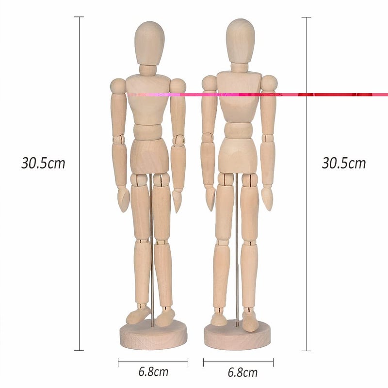 VOBRAMY 2 Pack 12 Inches Tall Wooden Mannequin Artist Manikin with Stand - Great for Drawing or Desktop Decor ï¼ˆMen and Women/Dad and Mom ï¼‰ - Image 2